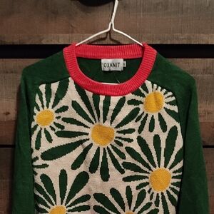 OXKNIT Green Daisy-Print Sweater with Pink Trim. Fits like a large.  Size 12